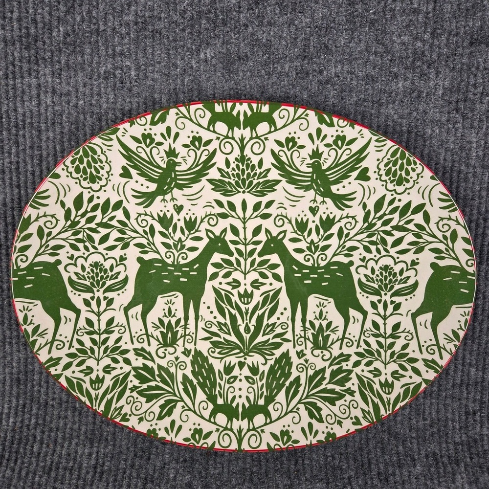 Viva by Vietri Mistletoe Oval Platter Green Deer Bird Folk Art VMIL-003024 15in